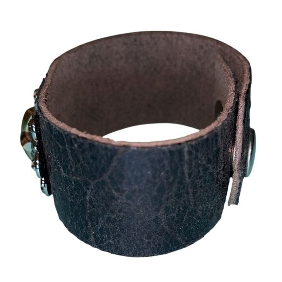 Handcrafted Leather Bracelet Ornate Cross Gold Silver Concho - Picture 3 of 7